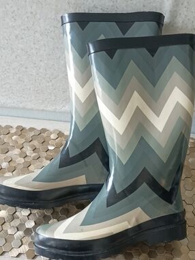 Sugar Chevron Rain Boots in Teal, Cream & Black